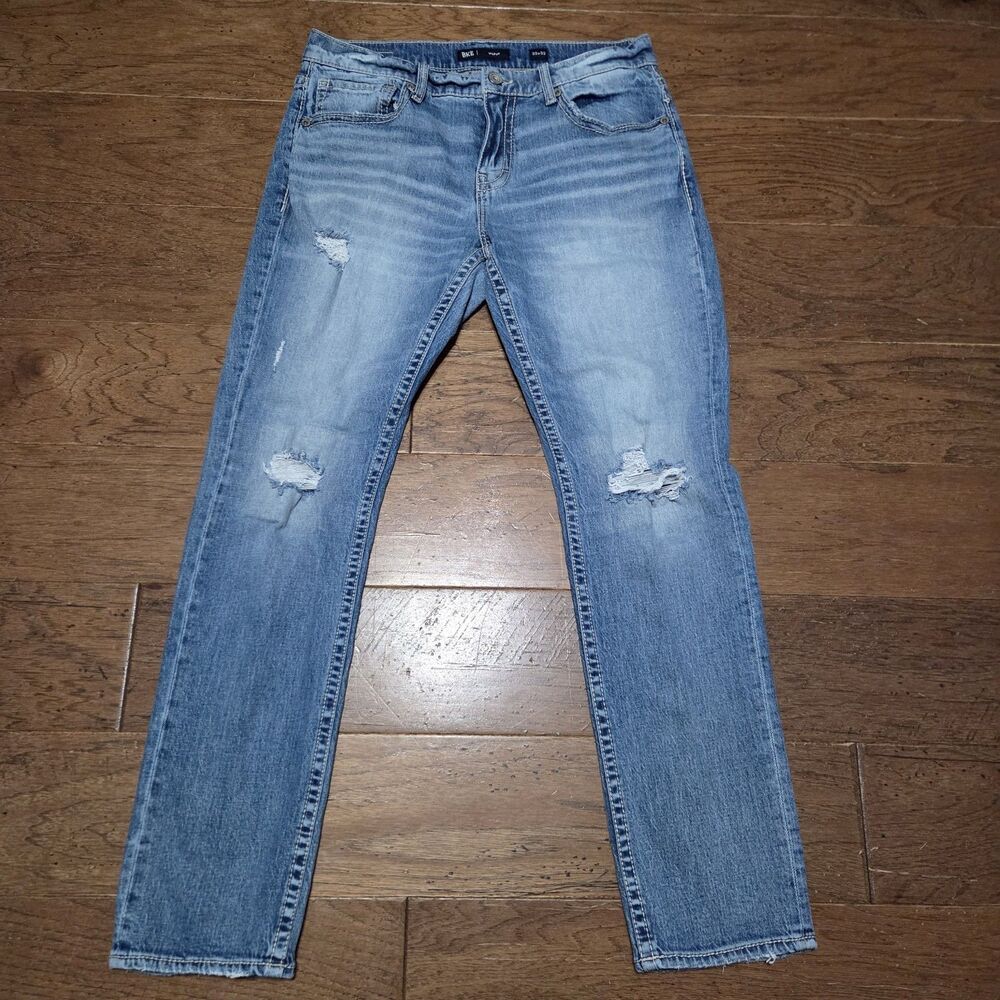 BKE Mason Jeans Men's Size 34x32 33x32 Blue Stretch Distressed Thick Stitch